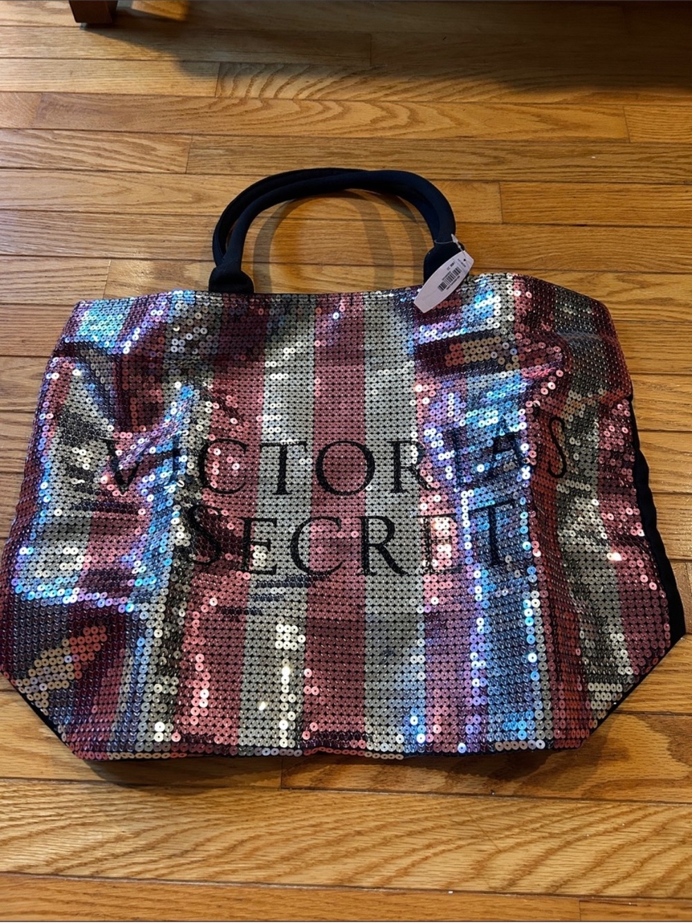 Victoria's Secret Pink and Silver Sequin Stripe Tote